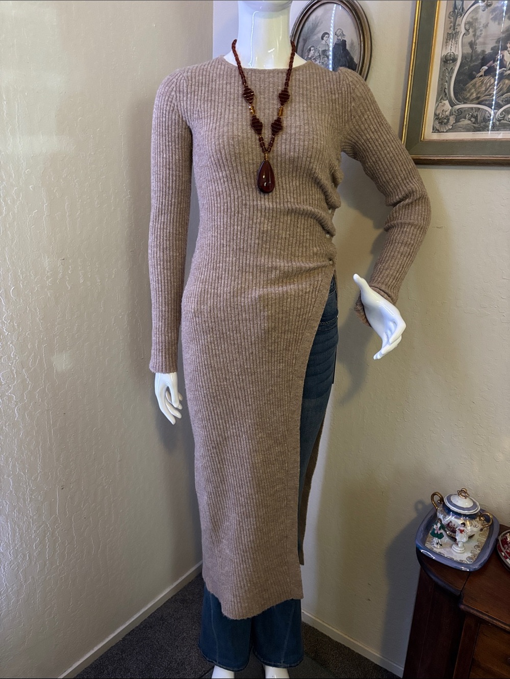 Astr Beige Ribbed Long-Slit Knit Tunic Sweater